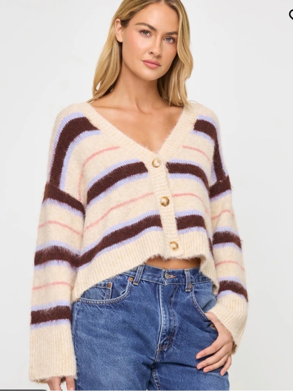 l*space Cream Montauk Striped Crop Cardigan & short set